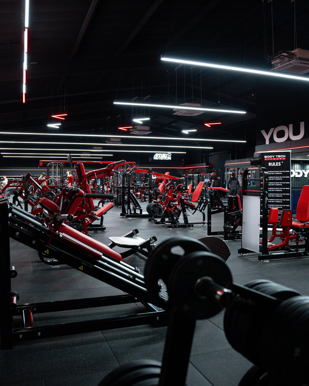 Linear ceiling lights above red strength equipment on a dark gym floor